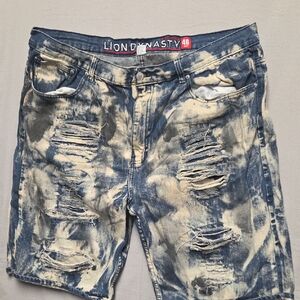 Lion Dynasty Blue and Tan Distressed Jean Shorts